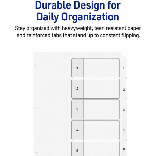 Avery Dividers, 5 Tabs, Ready Index 15 x Divider(s) - 15 Tab(s) - Digit - 1-5 - 5 Tab(s)/Set - 8.5" Divider Width x 11" Divider Length - 3 Hole Punched - White Paper Divider - White Paper Tab(s) - 0% - Hole-punched, Printable, Sturdy, Ho (3 Sets of 11075)