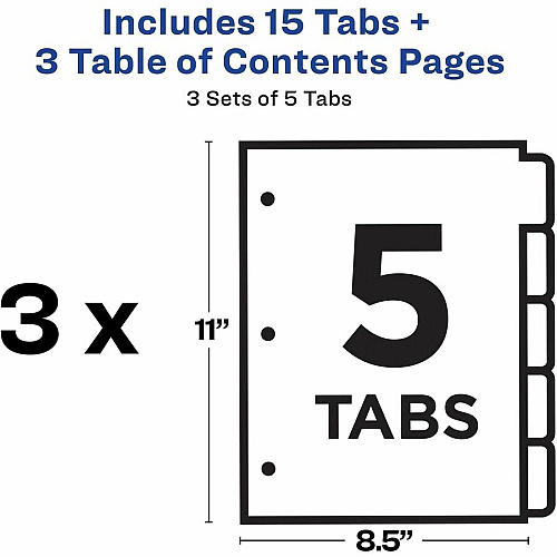 Avery Dividers, 5 Tabs, Ready Index 15 x Divider(s) - 15 Tab(s) - Digit - 1-5 - 5 Tab(s)/Set - 8.5" Divider Width x 11" Divider Length - 3 Hole Punched - White Paper Divider - White Paper Tab(s) - 0% - Hole-punched, Printable, Sturdy, Ho (3 Sets of 11075)