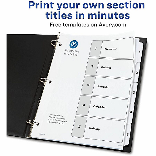 Avery Dividers, 5 Tabs, Ready Index 15 x Divider(s) - 15 Tab(s) - Digit - 1-5 - 5 Tab(s)/Set - 8.5" Divider Width x 11" Divider Length - 3 Hole Punched - White Paper Divider - White Paper Tab(s) - 0% - Hole-punched, Printable, Sturdy, Ho (3 Sets of 11075)