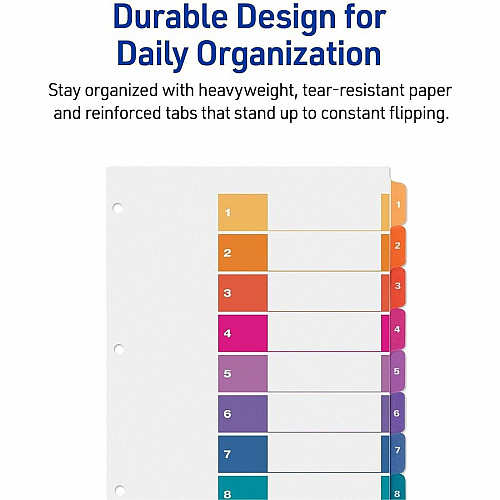Avery Dividers, 8 Tabs, Ready Index 24 x Divider(s) - 24 Tab(s) - Digit - 1-8 - 8 Tab(s)/Set - 8.5" Divider Width x 11" Divider Length - 3 Hole Punched - White Paper Divider - Multicolor Paper Tab(s) - Hole-punched, Printable, Reinforced (3 Sets of 11071)
