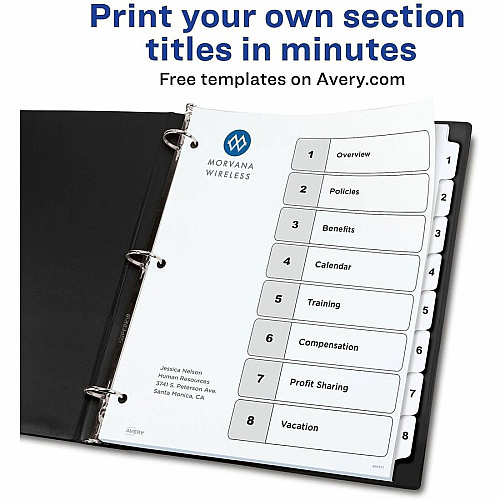 Avery Dividers, 8 Tabs, Ready Index 24 x Divider(s) - 24 Tab(s) - Digit - 1-8 - 8 Tab(s)/Set - 8.5" Divider Width x 11" Divider Length - 3 Hole Punched - White Paper Divider - White Paper Tab(s) - Hole-punched, Printable, Pre-printed, He (3 Sets of 11076)