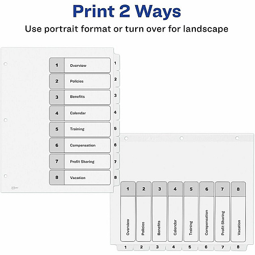 Avery Dividers, 8 Tabs, Ready Index 24 x Divider(s) - 24 Tab(s) - Digit - 1-8 - 8 Tab(s)/Set - 8.5" Divider Width x 11" Divider Length - 3 Hole Punched - White Paper Divider - White Paper Tab(s) - Hole-punched, Printable, Pre-printed, He (3 Sets of 11076)