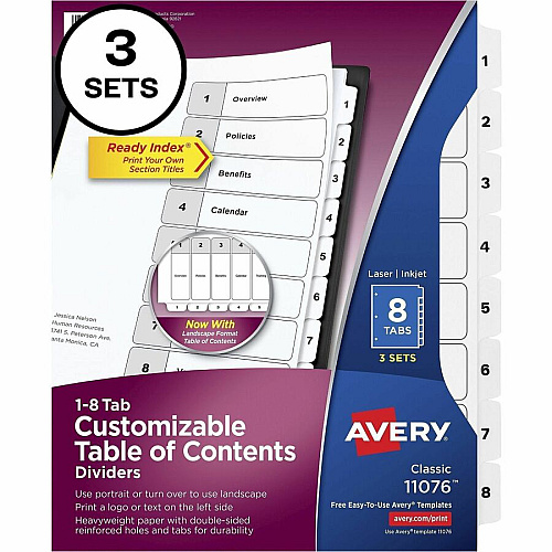 Avery Dividers, 8 Tabs, Ready Index 24 x Divider(s) - 24 Tab(s) - Digit - 1-8 - 8 Tab(s)/Set - 8.5" Divider Width x 11" Divider Length - 3 Hole Punched - White Paper Divider - White Paper Tab(s) - Hole-punched, Printable, Pre-printed, He (3 Sets of 11076)