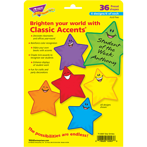 Trend Smiling Stars Accents 36 x Smiley Star Shape - Precut - 5.50" Height - Assorted - 36 / Pack (T10907)
