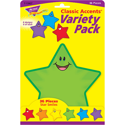 Trend Smiling Stars Accents 36 x Smiley Star Shape - Precut - 5.50" Height - Assorted - 36 / Pack (T10907)