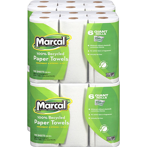 Marcal 100% Recycled Giant Roll Paper Towels 2 Ply - 140 Sheets/Roll - White - 6 Rolls Per Container - 6 / Pack (6181)