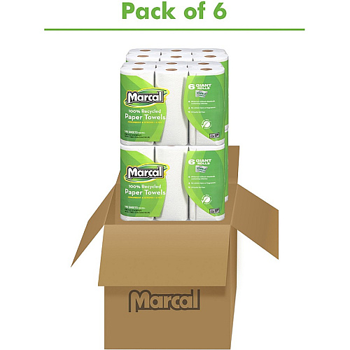 Marcal 100% Recycled Giant Roll Paper Towels 2 Ply - 140 Sheets/Roll - White - 6 Rolls Per Container - 6 / Pack (6181)