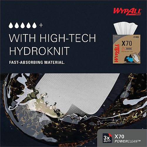 Wypall PowerClean X70 Medium Duty Cloths - Pop-Up Box 8.34" Width x 16.80" Length - White - Hydroknit/ - 100 / Box (41455)