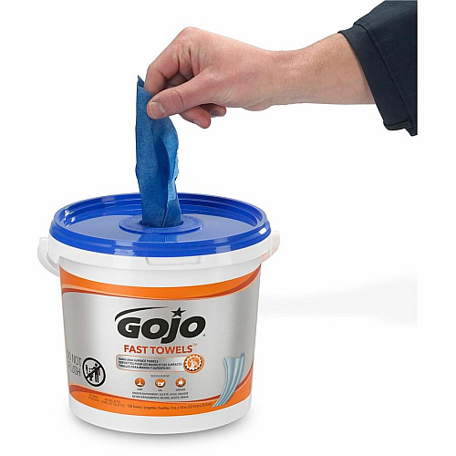 Gojo&reg; Fast Towels Bucket Fresh Citrus - 130 Sheets - Blue, Clear - 130/Tub - 4 / Carton (629804)