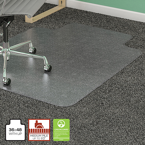 Lorell Medium-pile Chairmat Carpeted Floor - 48" Length x 36" Width x 0.133" Thickness - Lip Size 10" Length x 19" Width - Vinyl - Clear - 1 Each (LLR82822)