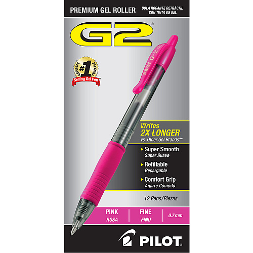 Pilot G2 -7 Retractable Gel Roller Pens 0.7 mm Fine Pen Point - Refillable - Retractable - Pink Ink - Gel-based - Translucent Barrel - 1 Dozen (31174)