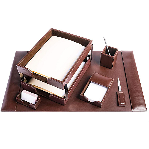 Dacasso 8-Piece Econo-Line Desk Set - Bonded Brown Leather 1 Each (D3603)