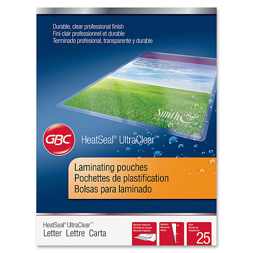 GBC UltraClear Thermal Laminating Pouches Sheet Size Supported: Letter 8.50" Width x 11" Length - Laminating Pouch/Sheet Size: 9" Width x 11.50" Length x 3 mil Thickness - Glossy - Flexible, Wear Resistant, Tear Resistant - Clear - 25 / Pack (3200577)