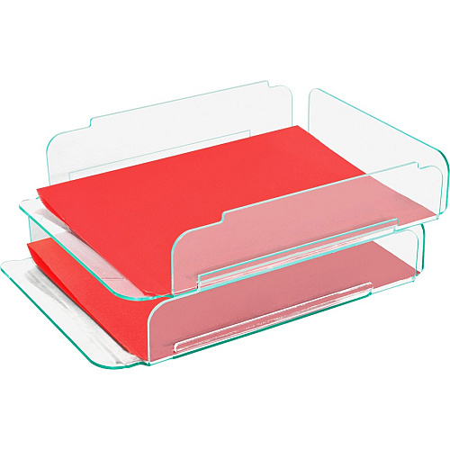 Lorell Stacking Document Trays Desktop - Durable, Lightweight, Non-skid, Stackable - Clear, Green - Acrylic - 2 / Set (LLR80655)