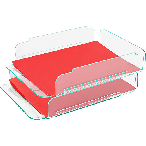 Lorell Stacking Document Trays Desktop - Durable, Lightweight, Non-skid, Stackable - Clear, Green - Acrylic - 2 / Set (LLR80655)