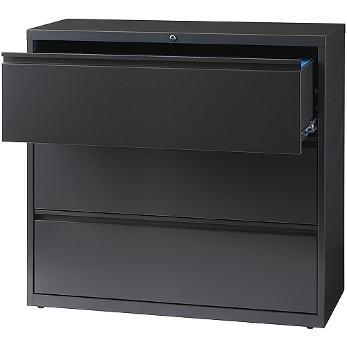 Lorell Fortress Series Lateral File 42" Width x 18.6" Depth x 40.3" Height - 3 x Drawer(s) for File - Letter, Legal, A4 - Lateral - Locking Drawer, Magnetic Label Holder, Ball-bearing Suspension, Leveling Glide - Black - Steel - Recycled (LLR88031)