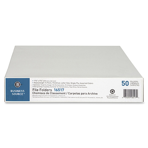 Business Source 1/3 Tab Cut Letter Recycled Top Tab File Folder 8 1/2" x 11" - Top Tab Location - Assorted Tab Position - 14 pt. - 1 Plys - Assorted - Heavyweight, Durable, Sturdy - 10% Recycled - 50 / Box (BSN16517)