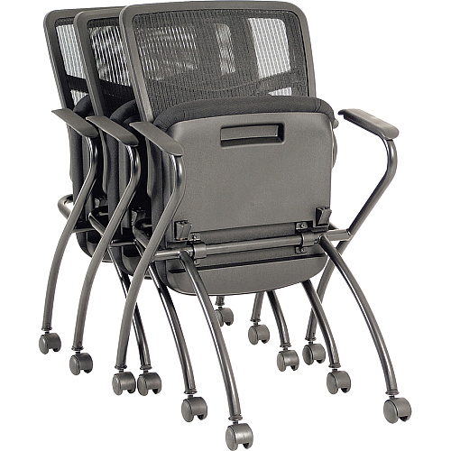 Lorell Mesh Back Nesting Training/Guest Chairs Fabric Seat Material - Powder Coated Frame Color - Metal Frame Material - Four-legged Base - Black - Mesh - Armrest - 2 / Carton (LLR84374)