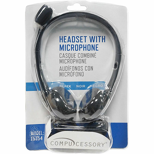 Compucessory Lightweight Stereo Headphones with Mic Stereo - Mini-phone (3.5mm) - Wired - 32 Ohm - 20 Hz to 20 kHz - Over-the-head - Binaural - Semi-open - 5.92 ft Cable - Black (15154)