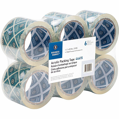Business Source Acrylic Packing Tape 55 yd Length x 3" Width x 2.5 mil Thickness - 3" Core - Clear - Pressure-sensitive Poly - Acrylic Backing - For Mailing, Shipping, Storing - 6 / Pack (BSN44415)