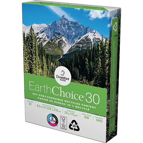Domtar EarthChoice30 Recycled Office Paper 92 Brightness - 88% Opacity - Letter - 8 1/2" x 11" - 20 lb Basis Weight - ColorLok Technology, Chlorine-free, Acid-free, Jam-free - White - 500 Sheets per Ream - 10 / Carton (1842)