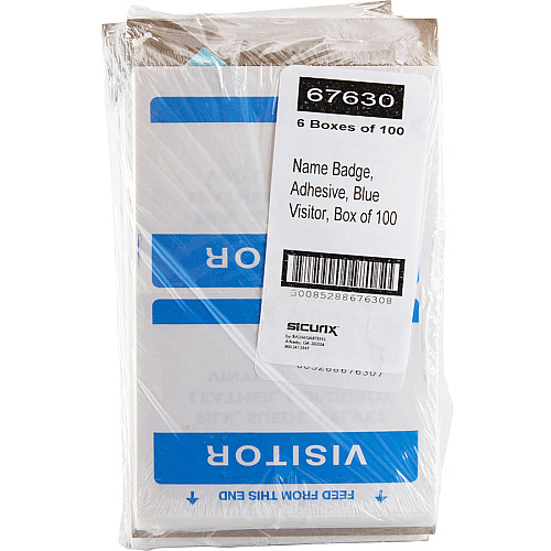 SICURIX Self-adhesive Visitor Badge 3 1/2" Width x 2 1/4" Length - Removable Adhesive - Rectangle - Inkjet, Laser - White, Blue - Self-adhesive, Easy Peel - 2 / Sheet - 100 / Box (67630)