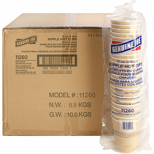 Genuine Joe 12 oz Rippled Hot Cups 12 fl oz - Brown - Hot Drink, Beverage - 25/Pack - 20 / Carton (GJO11260CT)