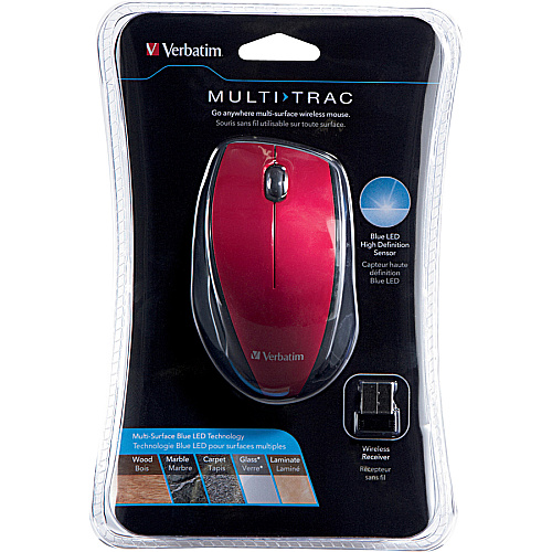 Verbatim Wireless Notebook Multi-Trac Blue LED Mouse - Red Blue Optical - Wireless - Radio Frequency - 2.40 GHz - Red - USB 2.0 - Scroll Wheel - 3 Button(s) - 1 Each (97995)