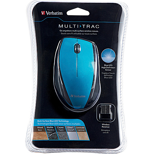 Verbatim Wireless Notebook Multi-Trac Blue LED Mouse - Blue Blue Optical - Wireless - Radio Frequency - 2.40 GHz - Blue - USB 2.0 - Scroll Wheel - 3 Button(s) - 1 Each (97993)