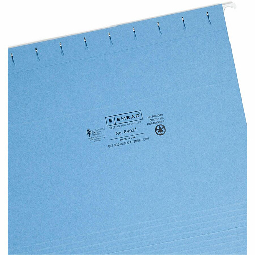Smead 1/3 Tab Cut Letter Recycled Hanging Folder 8 1/2" x 11" - Top Tab Location - Assorted Tab Position - 11 pt. - Poly - Blue - 10% Paper Recycled - 25 / Box (64021)