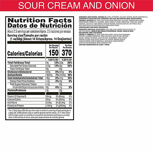 Pringles&reg Sour Cream & Onion Sour Cream, Onion - 1 Serving Can - 2.50 oz Can - 12 / Carton (84560)