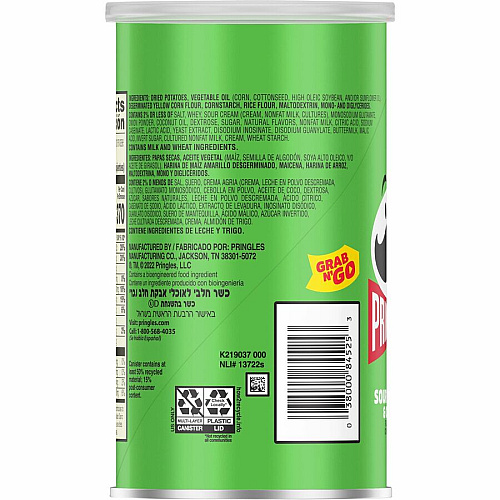 Pringles&reg Sour Cream & Onion Sour Cream, Onion - 1 Serving Can - 2.50 oz Can - 12 / Carton (84560)