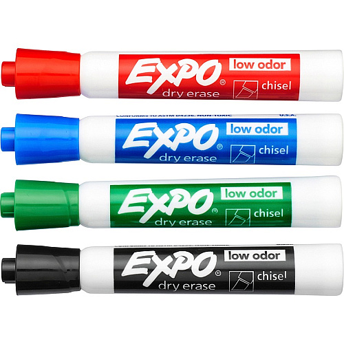 Expo Low Odor Markers Chisel Marker Point - Green, Red, Blue, Black Ink - 4 Set (80174)
