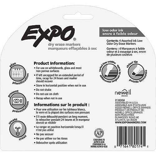 Expo Low Odor Markers Chisel Marker Point - Green, Red, Blue, Black Ink - 4 Set (80174)