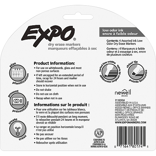 Expo Low Odor Markers Chisel Marker Point - Green, Red, Blue, Black Ink - 4 Set (80174)