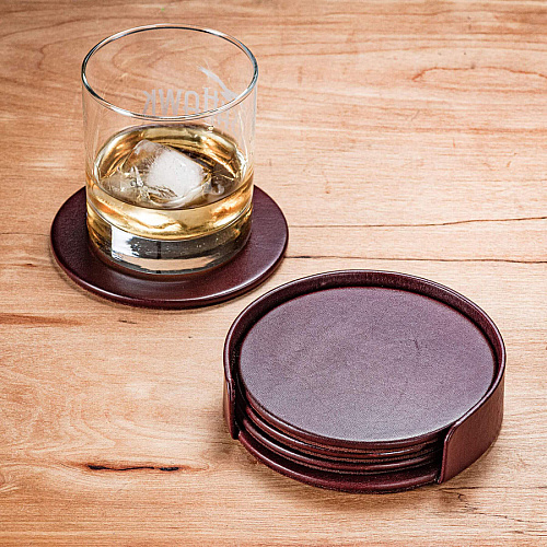 Dacasso Leather Coasters - Set of 4 with Holder 4 Coaster of 4" Diameter - Round - Mocha - Top Grain Leather, Felt - 1Each - 1 Each (A3045)