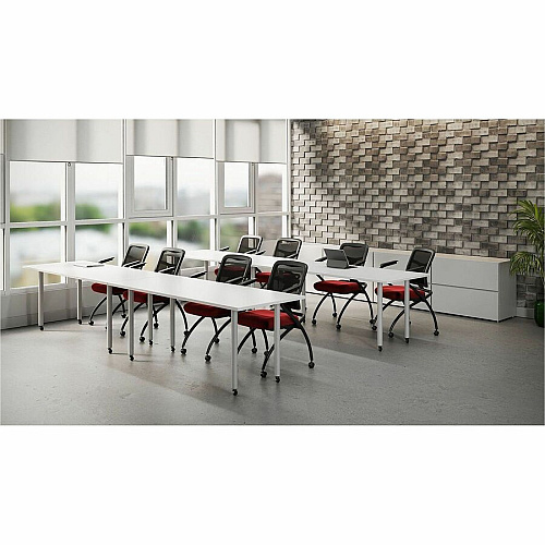 Lorell Mesh Back Fabric Seat Nesting Chairs Real Red Seat Color - Fabric Seat Material - Powder Coated Frame Color - Metal Frame Material - Four-legged Base - Mesh - Armrest - 2 / Carton (LLR8437402)