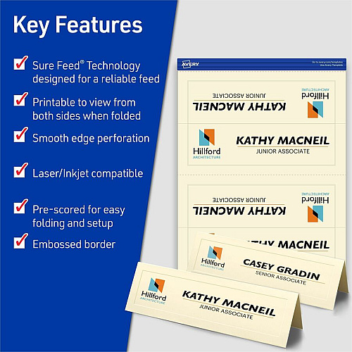 Avery&reg; Sure Feed Embossed Tent Cards 79 Brightness - Letter - 8 1/2" x 11" - 65 lb Basis Weight - 176 g/m² Grammage - Embossed, Matte - Rounded Corner, Heavyweight, Printable, Smooth Edge, Pre-scored, Foldable, Jam-free, Double-sided, Micr (5914)