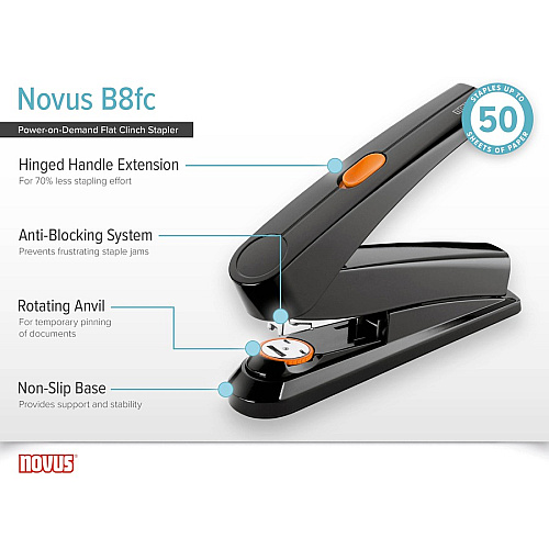 Novus B8fc Power on Demand Stapler Staples Upto 50 Sheet of 80g/m² Paper - 2.63" Throat Depth - Black - Steel, Plastic - 1 Carton (0201673)