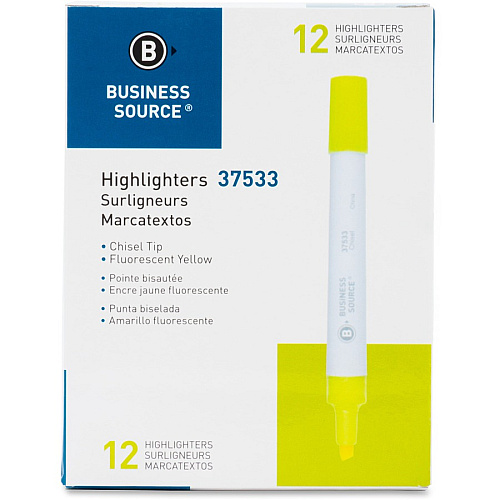 Business Source Chisel Tip Yellow Value Highlighter Chisel Marker Point - Yellow Ink - White Barrel - 1 Dozen (BSN37533)