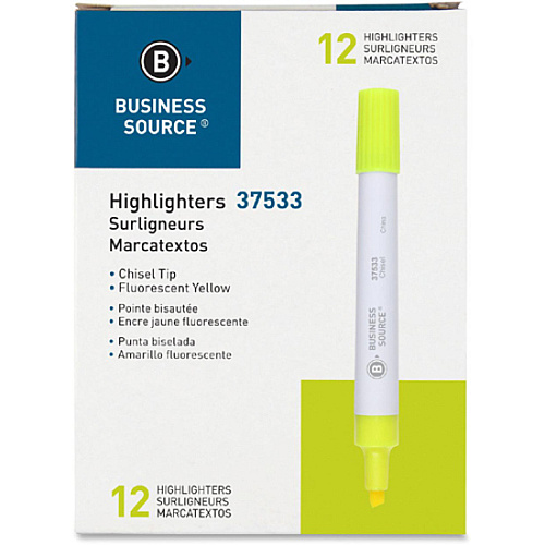 Business Source Chisel Tip Yellow Value Highlighter Chisel Marker Point - Yellow Ink - White Barrel - 1 Dozen (BSN37533)