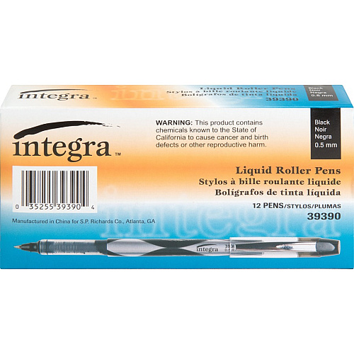 Integra Liquid Ink Rollerball Pens 0.5 mm Extra Fine Pen Point - Black Ink - Black Barrel - Metal Tip - 1 Dozen (39390)