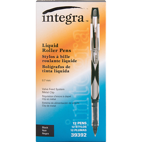 Integra Liquid Ink Rollerball Pens 0.7 mm Fine Pen Point - Black Ink - Black Barrel - Metal Tip - 1 Dozen (39392)