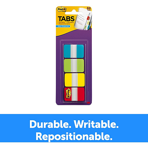 Post-it&reg; Tabs in On-the-Go Dispenser 88 Write-on Tab(s) - 1.50" Tab Height x 1" Tab Width - Blue, Green, Yellow, Red Tab(s) - Repositionable - 88 / Pack (686ALYR1IN)