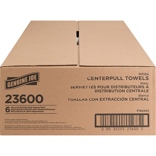 Genuine Joe&reg; Center-Pull 2-Ply Paper Hand Towels, 6 Rolls 2 Ply - 8.13" Width x 7.56" Length - 600 Sheets/Roll - 3 1/16" Core - White - Fiber - 6 / Carton (GJO23600)