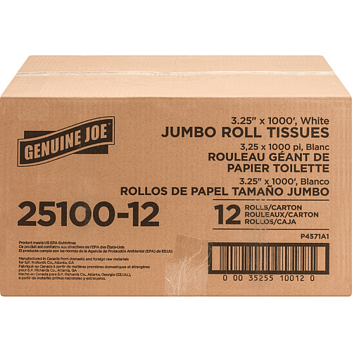 Genuine Joe&reg; Jumbo Toilet Paper, 2-Ply, 1,000-ft., 12 Rolls 2 Ply - 3.25" Width x 1000 ft Length - 9" Roll Diameter - 3 19/64" Core - White - 12 / Carton (GJO2510012)