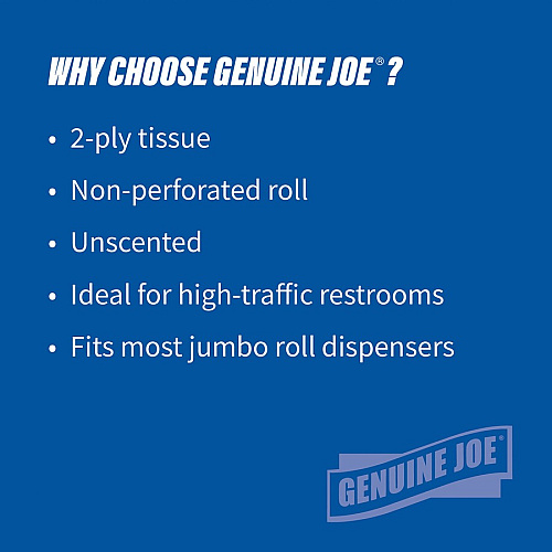 Genuine Joe&reg; Jumbo Toilet Paper, 2-Ply, 650-ft. Rolls, 12 Rolls 2 Ply - 3.30" Width x 650 ft Length - 3 19/64" Core - White - 12 / Carton (GJO2565012)