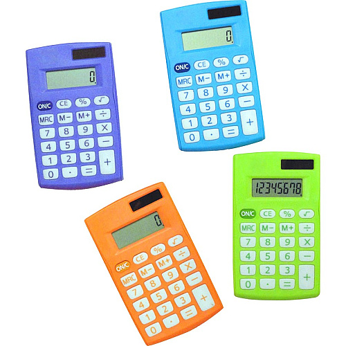 CLI 8-digit Hand Held Calculator Dual Power, Non-slip Rubber Key - 8 Digits - Battery Powered - Assorted - 12 / Display Box (39100ST)
