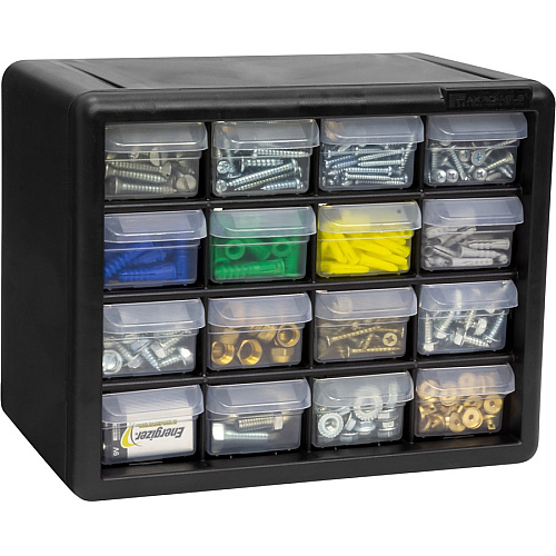 Akro-Mils 16-Drawer Plastic Storage Cabinet 16 Drawer(s) - 8.50" Height x 6.40" Width x 10.50" Length - Floor - Stackable, Finger Grip, Unbreakable - Black - Polymer, Plastic - 1 Each (10116)