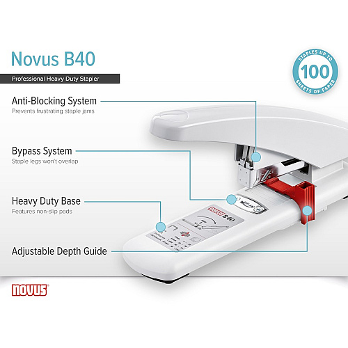 Novus B40 Heavy Duty Stapler Staples Upto 100 Sheet of 80g/m² Paper - 2.25" Throat Depth - Off White - Steel, Plastic - 1 Carton (0230056)